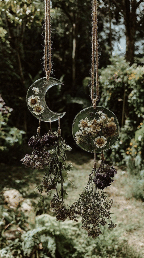 Hanging pressed floral moon and circle decor in a lush garden setting, capturing nature's beauty and tranquility.