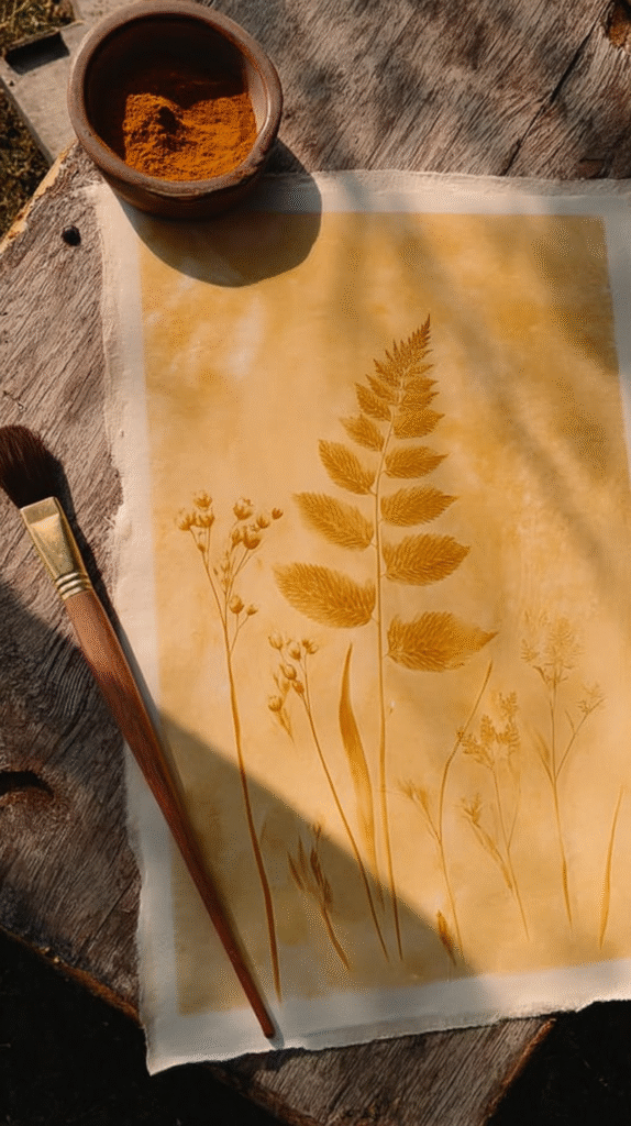 Artistic botanical print with turmeric and paintbrush on rustic wood. Natural plant illustration.