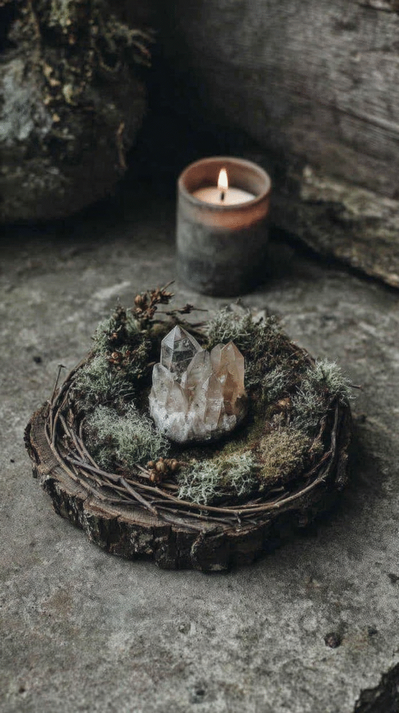 Rustic crystal arrangement on moss with a candle, creating a serene and natural ambiance.