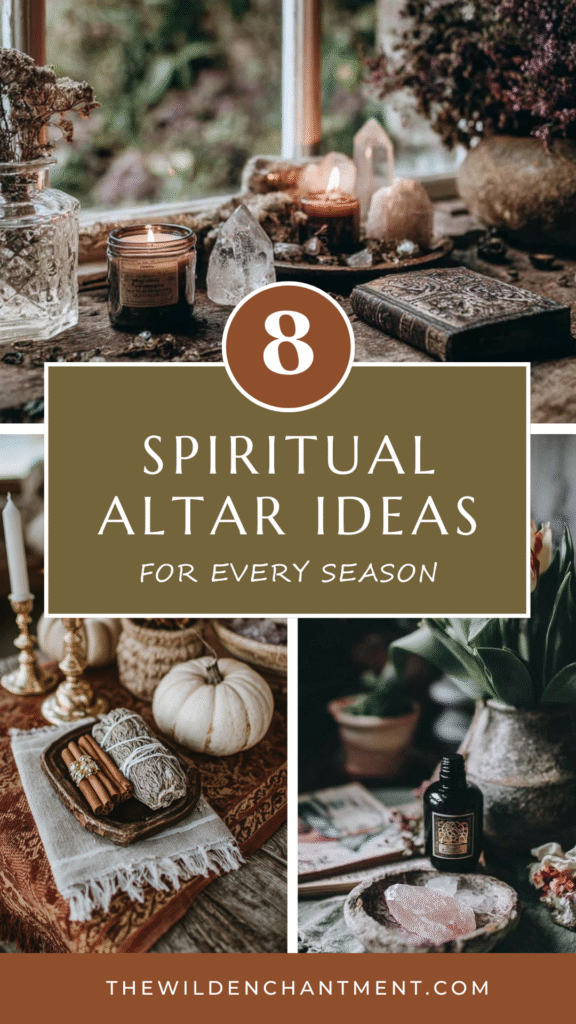 8 spiritual altar ideas for every season featuring candles, crystals, and decor. Create a sacred, enchanting atmosphere.