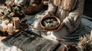 Cozy scene with candles, pinecones, and a person holding a bowl of dried herbs, creating a tranquil ambiance.