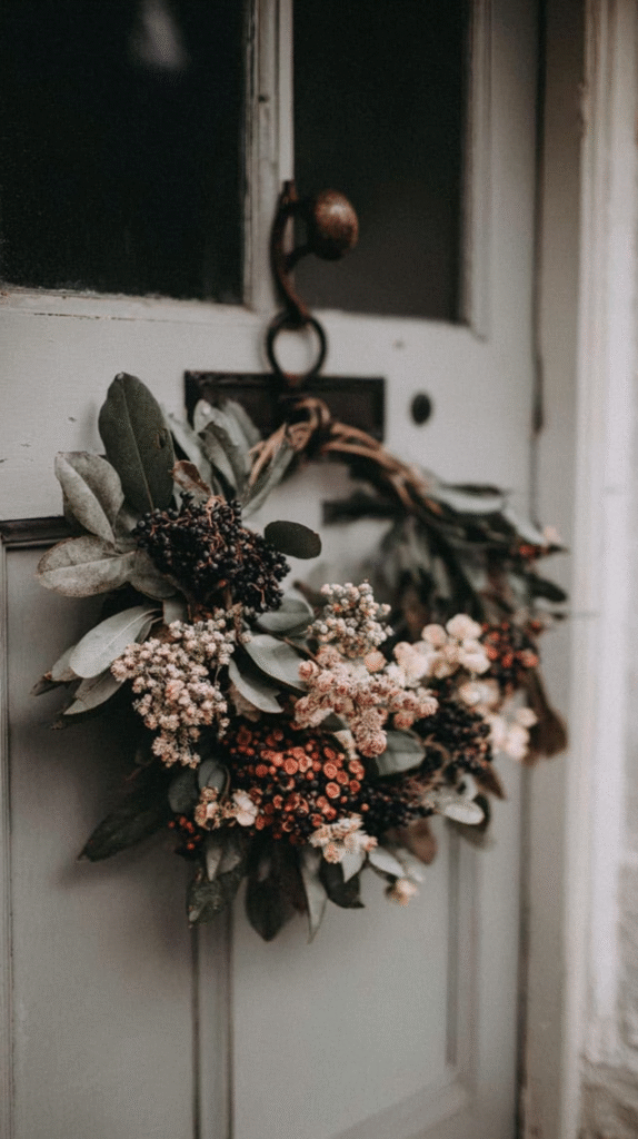 yule-traditions-berry Rustic floral wreath with berries on an antique door, creating a cozy and inviting autumn atmosphere.