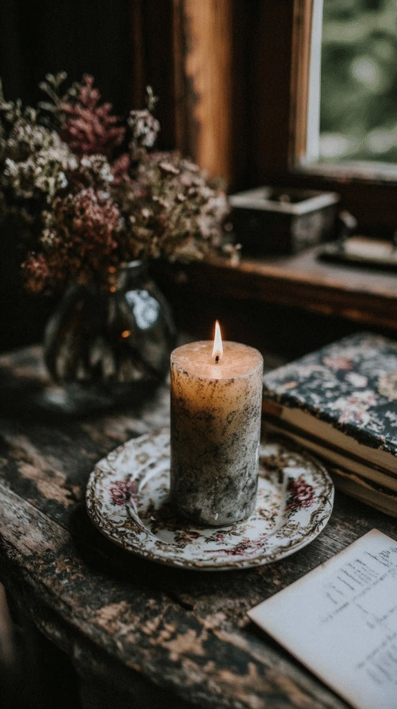 Rustic candlelit scene with a burning pillar candle on floral plate, beside wildflowers and a vintage notebook. Cozy ambiance.