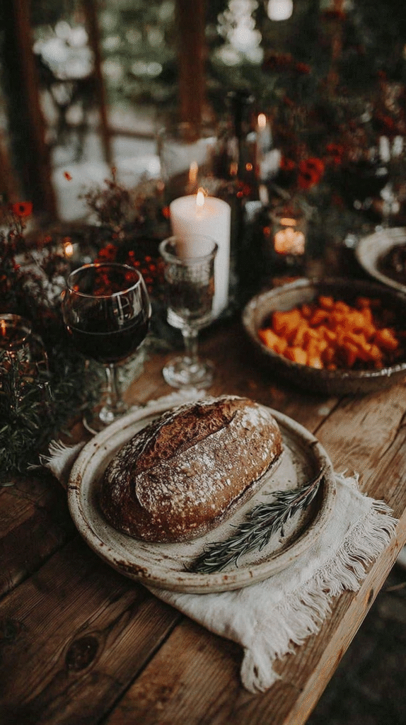 yule-traditions-celebration Cozy rustic dining setting with bread, wine, candlelight, and decor on a wooden table.