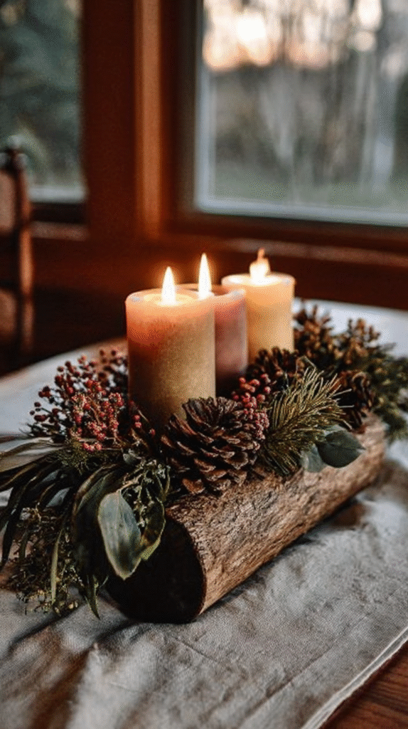 yule-traditions-log Three lit candles on a rustic log centerpiece with pinecones and greenery in a cozy room setting.
