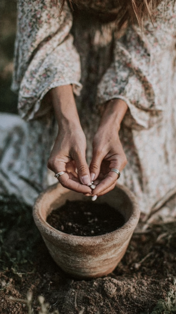 yule-traditions-plant-seeds Person planting seeds in a clay pot, symbolizing growth and nurturing in a garden setting.