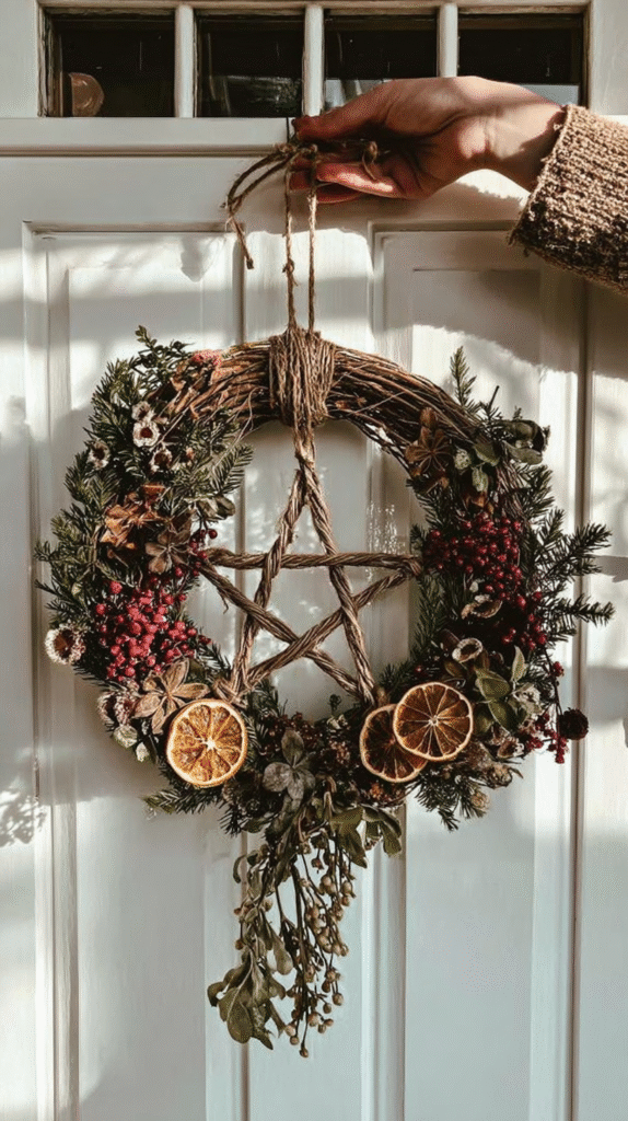 Hand placing rustic Christmas wreath with dried oranges and berries on a white door.