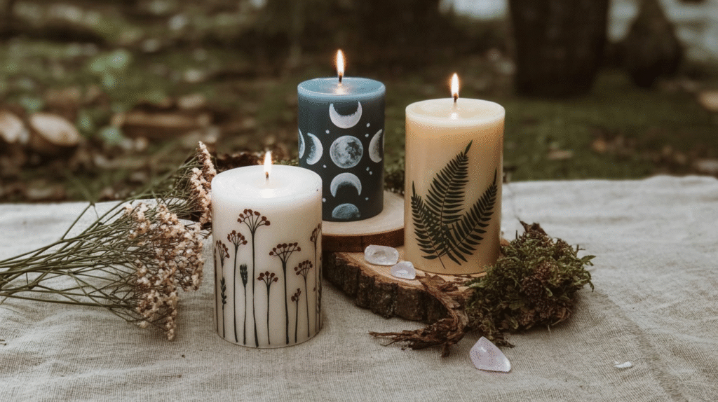 Decorative candles with botanical and moon designs on natural setting with crystals and dried flowers.