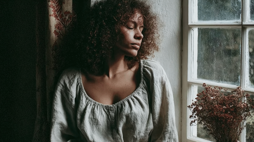 Woman with curly hair sits peacefully by a window, wearing a light blouse and closed eyes in soft lighting.