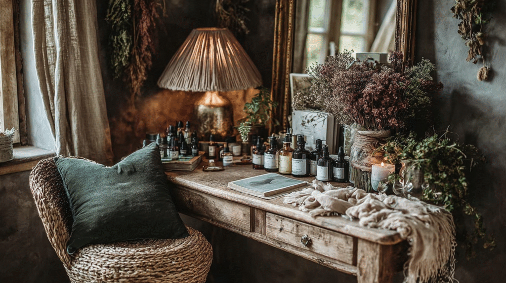 Rustic vanity with natural decor, cozy lamp, essential oils on wooden desk, and dried flowers for a serene ambiance.