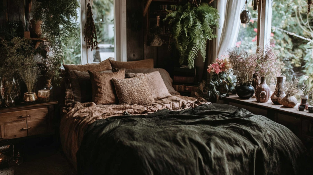 Cozy, nature-inspired bedroom with plants, rustic decor, and soft bedding, creating a serene and inviting atmosphere.