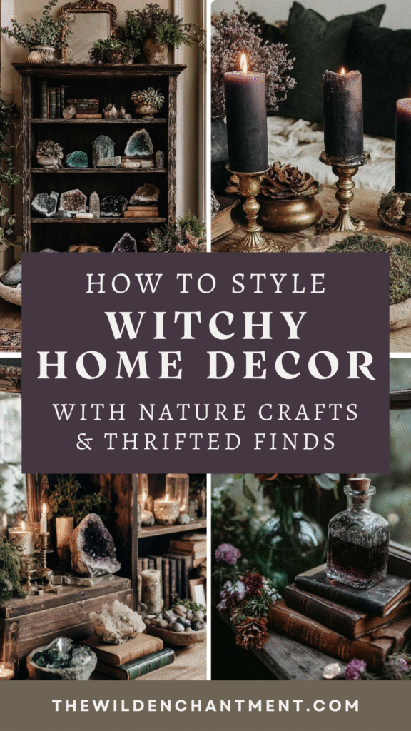 diy-witchy-home-decor Witchy home decor with nature crafts, thrifted finds, crystals, and candles for mystical styling.