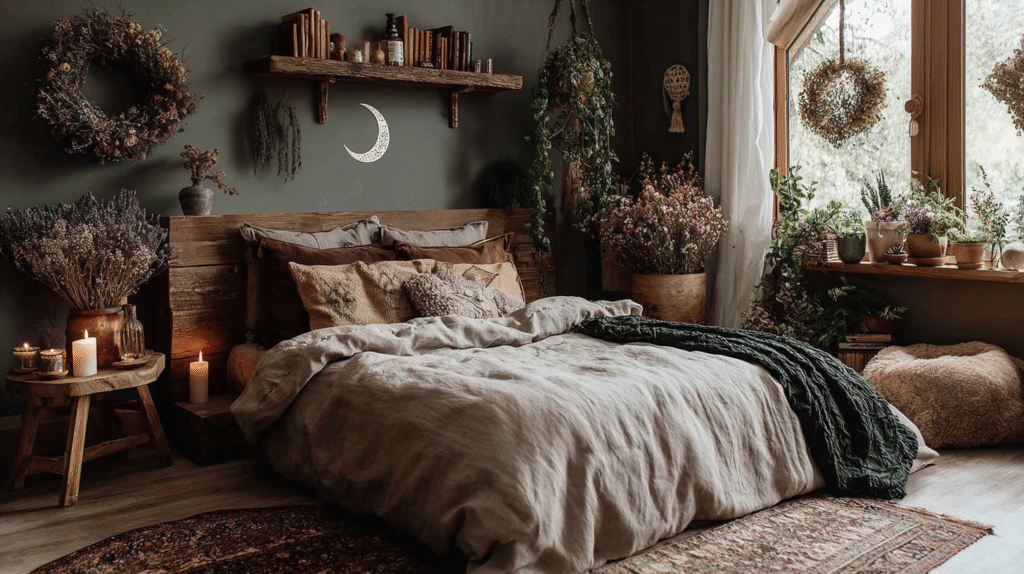 Cozy bedroom decor with wooden accents, earthy tones, lots of plants, and soft lighting for a bohemian style.