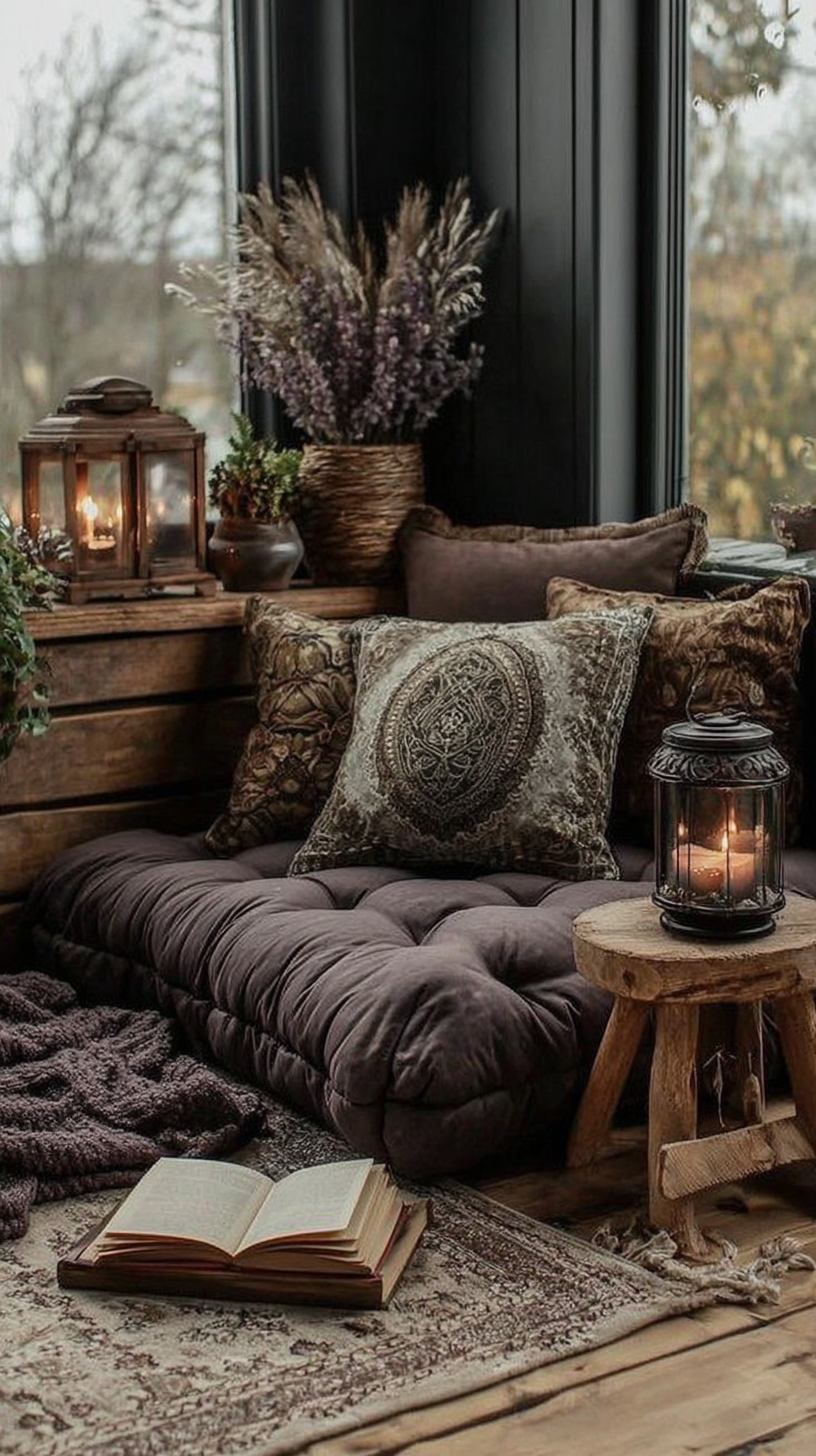 Cozy reading nook with plush cushions, open book, lanterns, and rustic decor for a warm, inviting atmosphere.