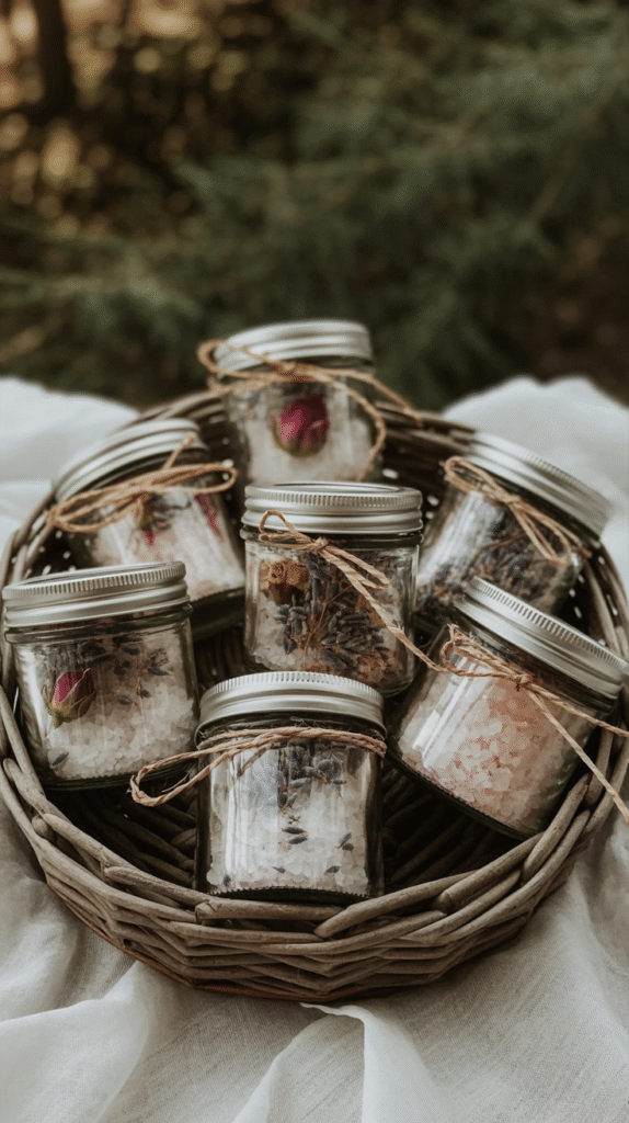 handmade-gifts-witchy-friend-bath-salts Basket of homemade bath salt jars with dried flowers and twine, perfect for relaxation and gift ideas.