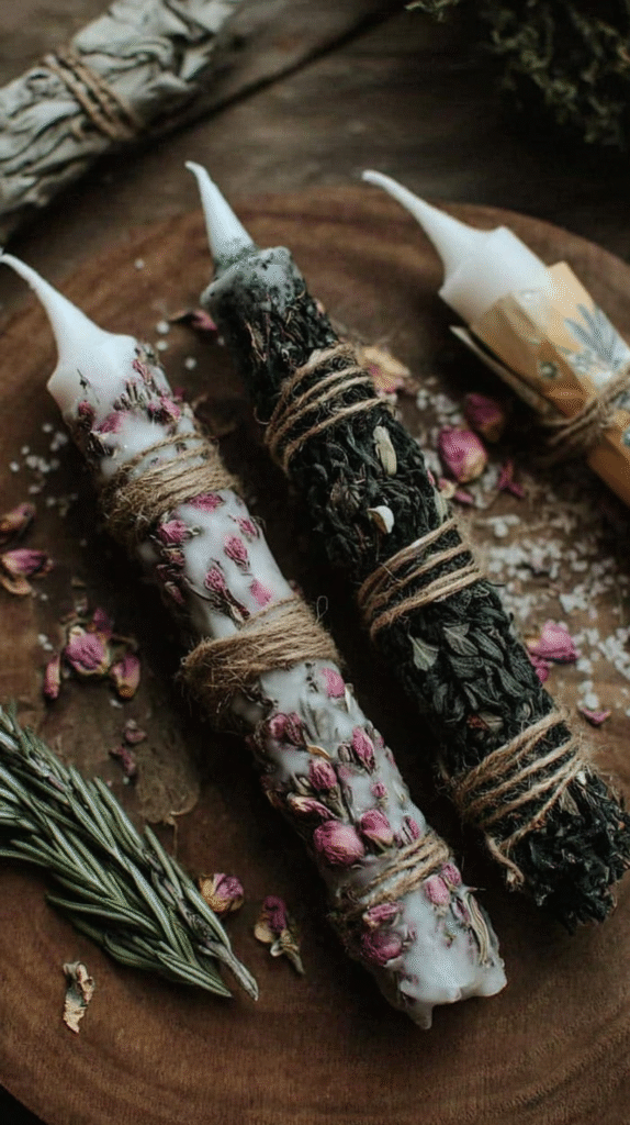 handmade-gifts-witchy-friend-herb-dipped-candles Decorative candles wrapped with dried flowers and herbs on a wooden surface, creating a rustic and cozy ambiance.