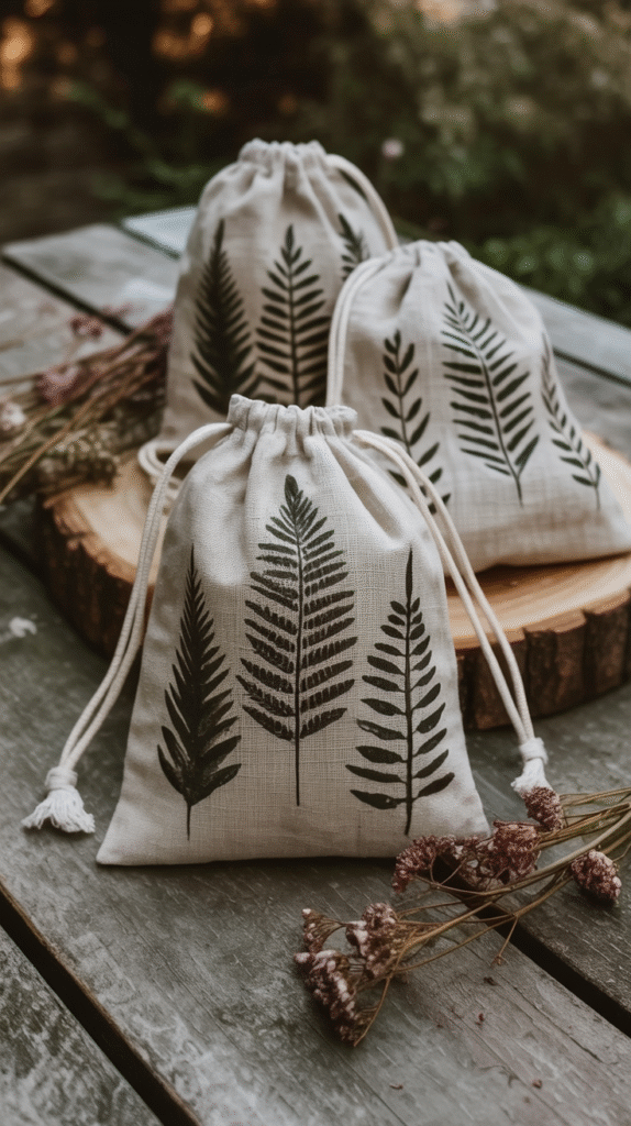 handmade-gifts-witchy-friend-sacks Eco-friendly drawstring bags with fern design on wooden table surrounded by dried flowers.