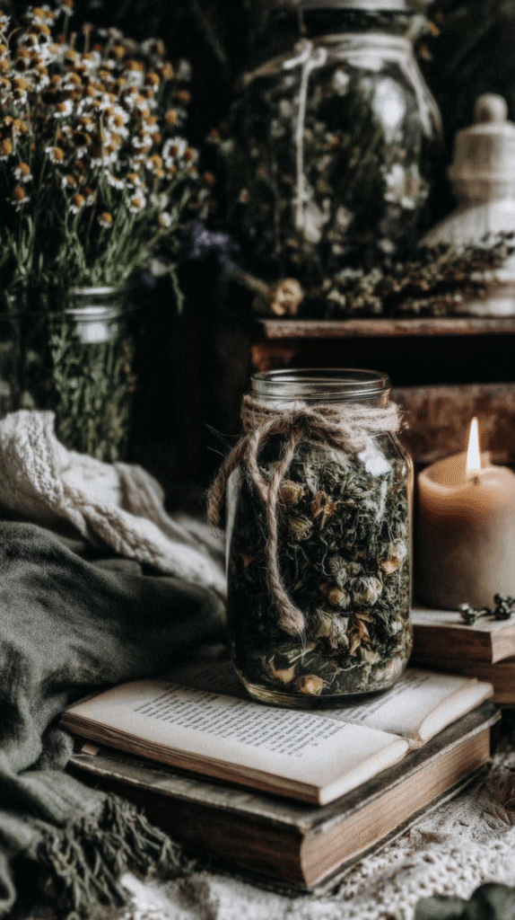 handmade-gifts-witchy-friend-tea Jar of dried flowers on open book with candle, cozy rustic setting.