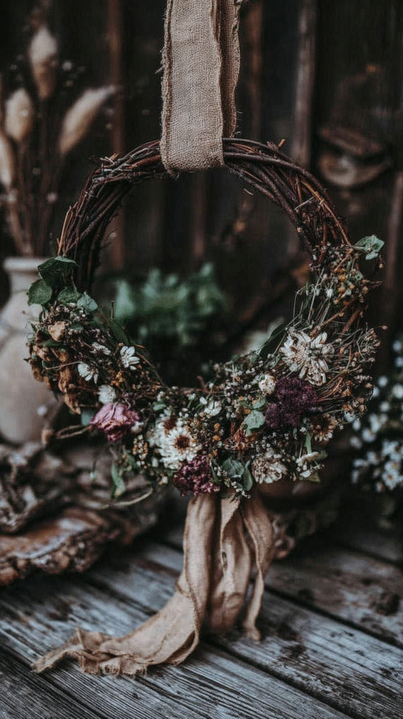 handmade-gifts-witchy-friend-twig-wreathe Rustic wreath with dried flowers and greenery hanging on a wooden background, adorned with burlap ribbon.