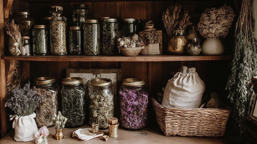Jars of dried herbs and flowers in a rustic wooden cabinet for natural home remedies and decor.