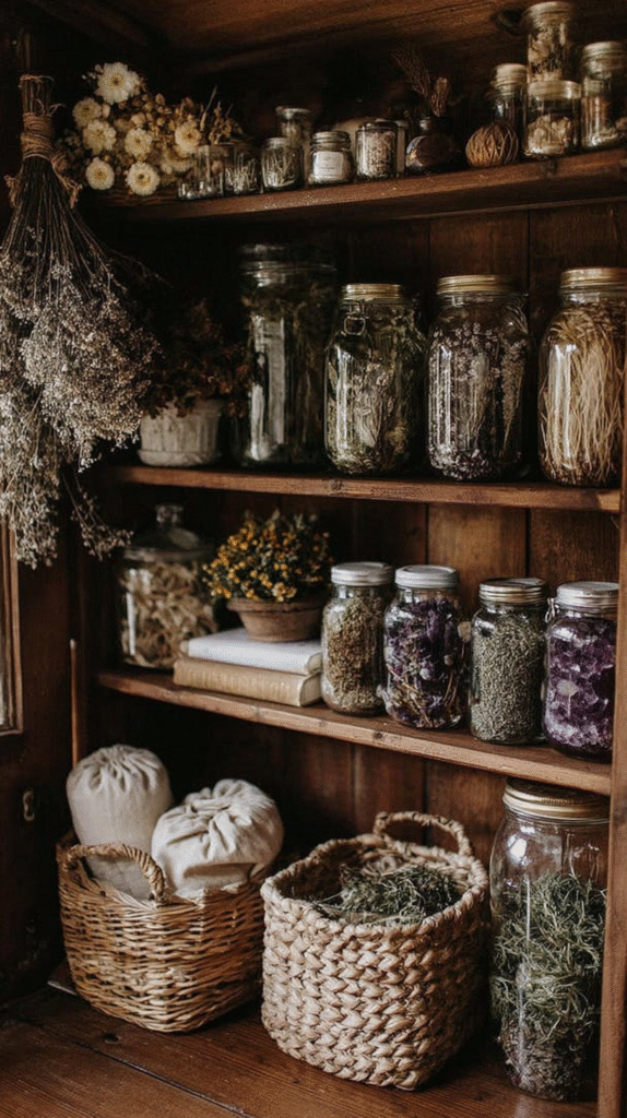 home-apothecary-cabinet-bookcase Rustic pantry shelves filled with herbs and flowers in jars and baskets for cozy home storage.
