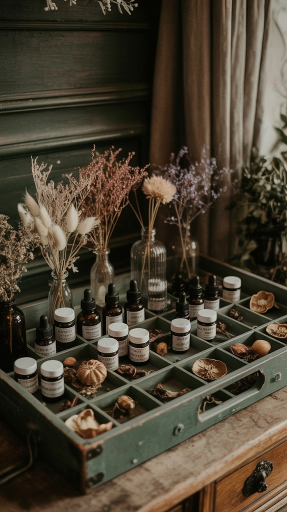 home-apothecary-cabinet-drawer Apothecary setup with essential oils, dried herbs, and flowers for natural healing on wooden shelf.