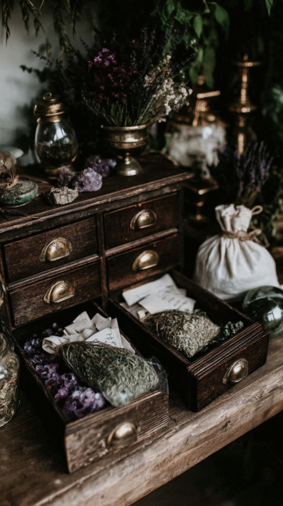 home-apothecary-cabinet-drawers Vintage herbal apothecary with wooden drawers, dried flowers, and jars; rustic and botanical decor.