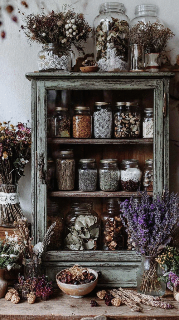 home-apothecary-cabinet-glass-case Rustic cabinet with jars of dried herbs and flowers, adding vintage charm to your kitchen decor.