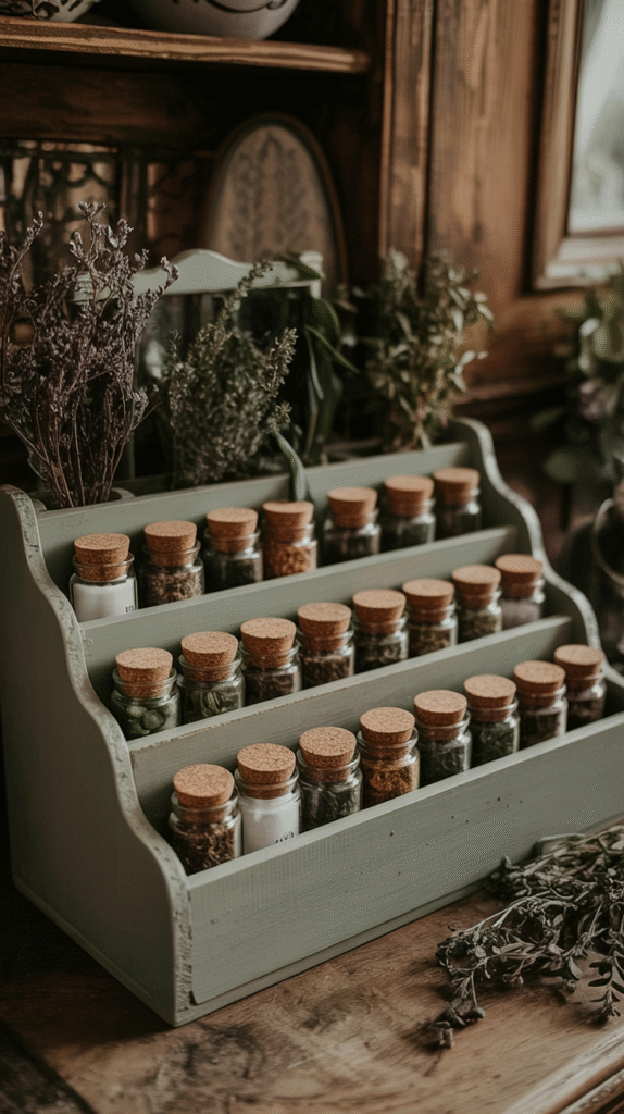 home-apothecary-cabinet-spice-rack Vintage spice rack with corked glass jars, herbs, and rustic decor on wooden shelves.