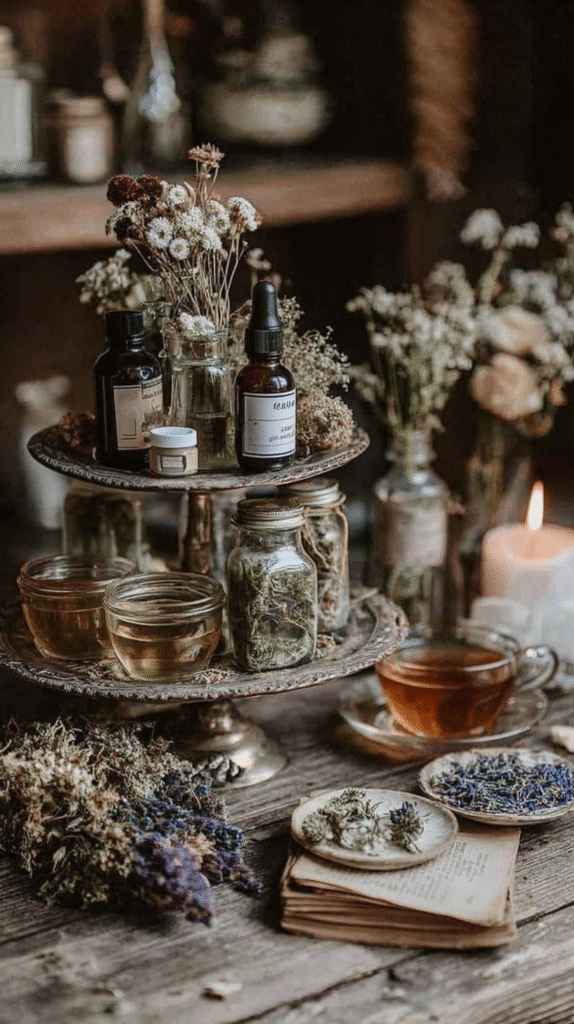 home-apothecary-cabinet-tiered-tray Vintage apothecary setup with herbs, tinctures, and tea on a wooden table, surrounded by candles and flowers.