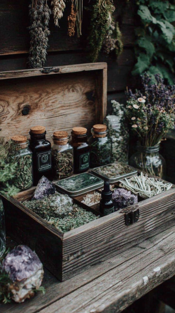 home-apothecary-cabinet-toolbox Wooden box with glass bottles and jars of herbs, dried flowers, and stones, creating a rustic apothecary display.