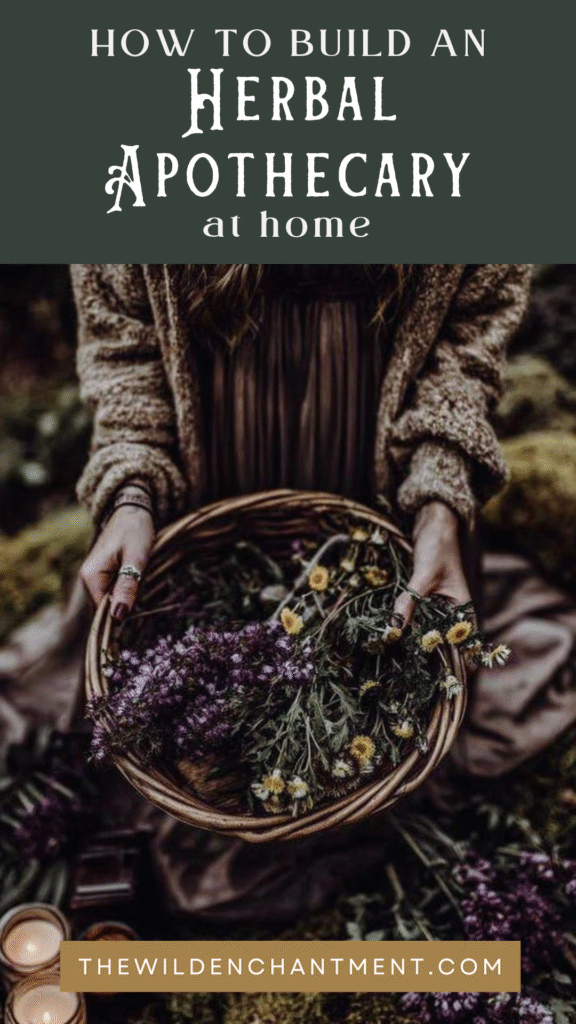 home-herbal-apothecary Herbal apothecary guide at home with a basket of flowers, promoting thewildenchantment.com.