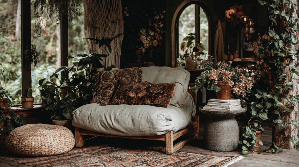 Cozy bohemian living room with plants, a plush sofa, patterned cushions, and natural light from large windows.