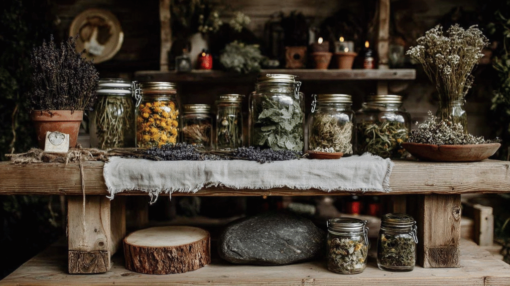 Jars of dried herbs and flowers on a wooden table in a rustic setting, perfect for natural home remedies.