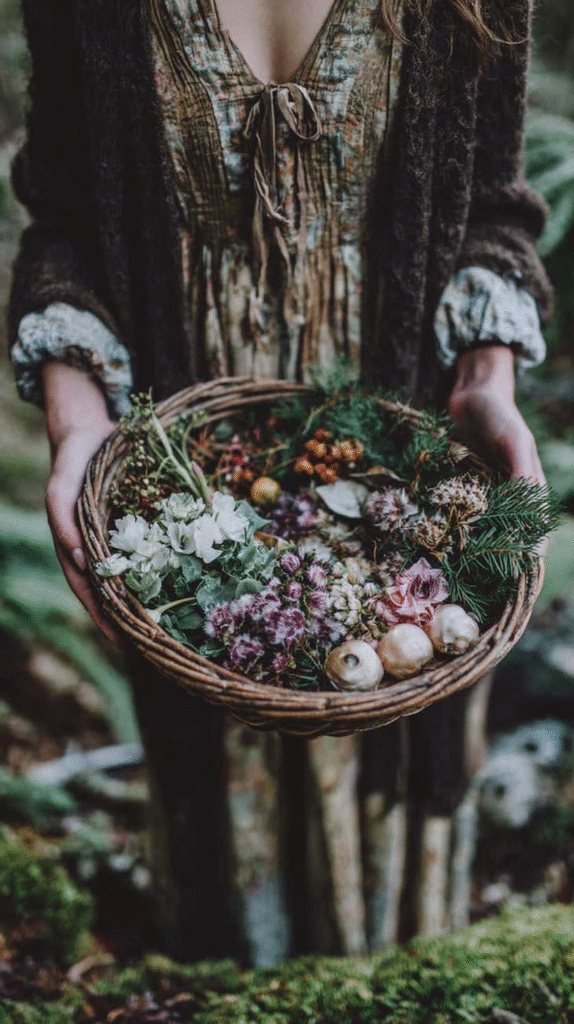 how-to-build-apothecary-basket A person holds a wicker basket filled with assorted flowers and foliage in a forest setting.