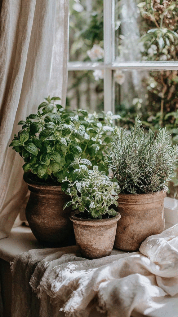 how-to-build-apothecary-herb-garden Potted herbs by a sunlit window, featuring basil, mint, and rosemary, offer a fresh, garden-inspired kitchen aesthetic.