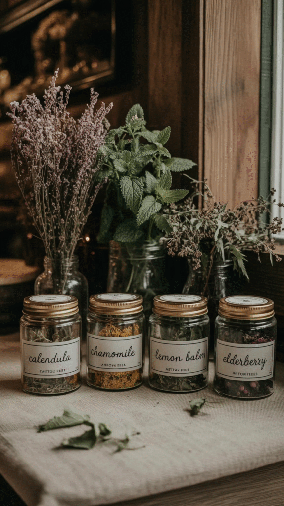 how-to-build-apothecary-labeled-jars Jars of dried herbs: calendula, chamomile, lemon balm, and elderberry with fresh plants in a cozy setting.