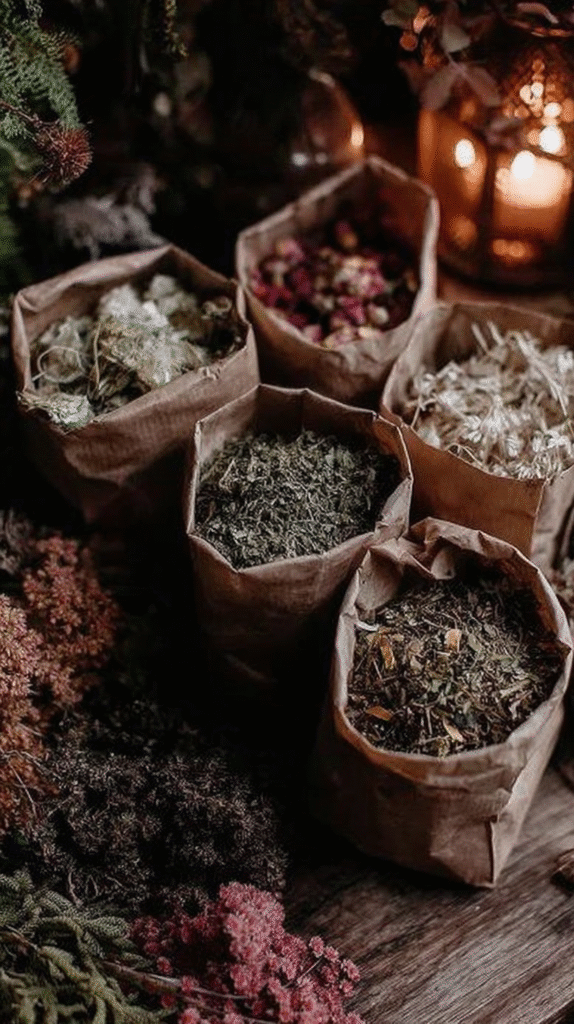how-to-build-apothecary-sacks-herbs Bags of dried herbs and flowers on a rustic wooden table, with warm candlelight in the background.