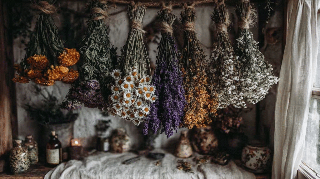 Dried flowers hanging in rustic interior for herbal decor and natural home fragrance.