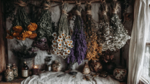Dried flowers hanging in rustic interior for herbal decor and natural home fragrance.