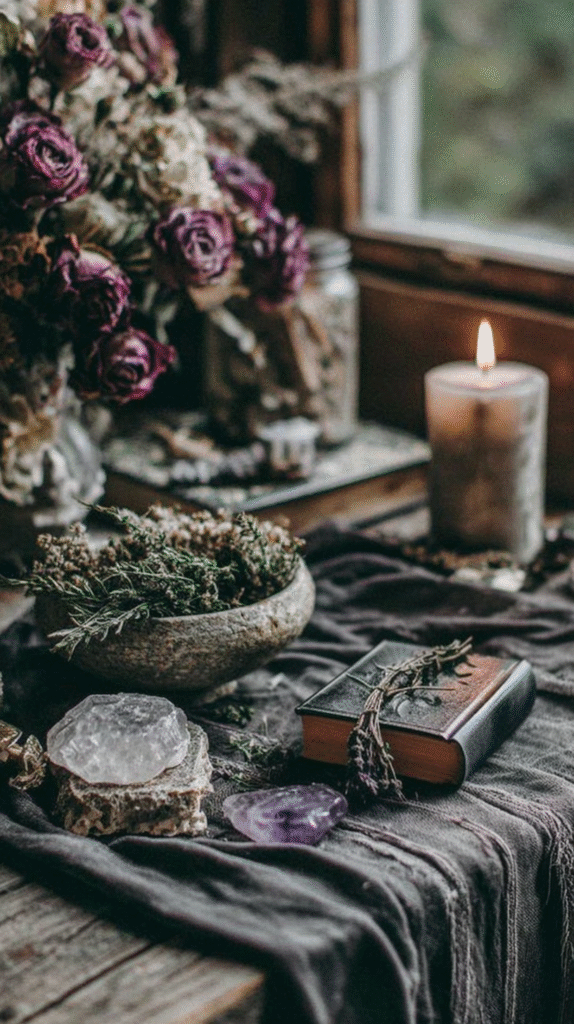 Cozy rustic scene with candle, crystals, vintage book, and dried flowers on a wooden table by the window.