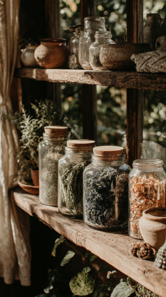 Glass jars filled with herbs and dried flowers on a rustic wooden shelf in a cozy, sunlit setting.