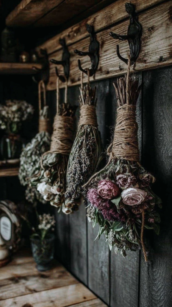 Bundles of dried flowers hanging on rustic hooks in a wooden room.