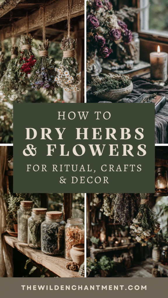 Guide to drying herbs and flowers for rituals, crafts, and decor with hanging bundles and jars. TheWildEnchantment.com