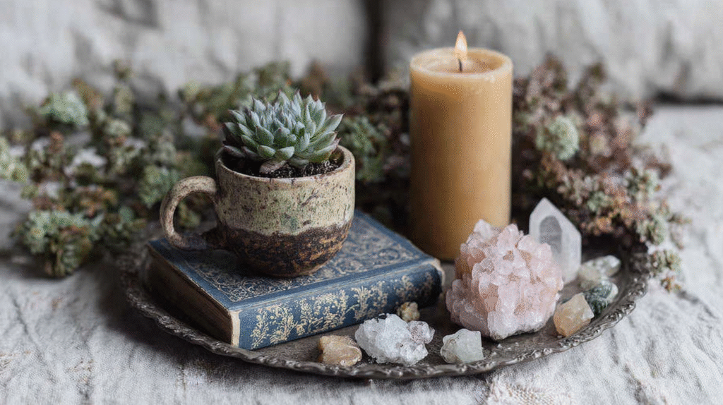 A serene setting with a succulent in a rustic cup, a lit candle, crystals, and an antique book on a decorative tray.