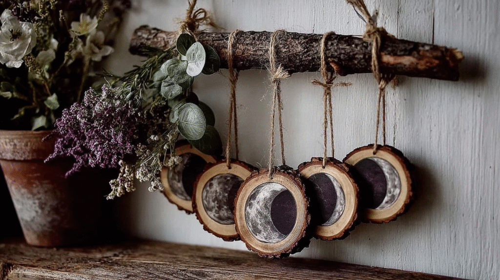 Wooden moon phase ornaments hanging on branch, surrounded by rustic dried flowers.