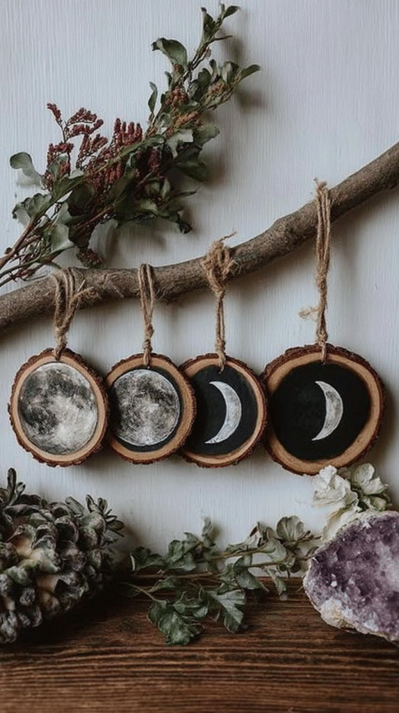 moon-phase-wall-hanging-branch Rustic moon phase ornaments on wood slices, hung on a branch with greenery and crystal decor.