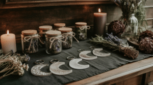 Rustic setup with herbal jars, moon keychains, dried flowers, and candles on a wooden table. Cozy and mystical ambiance.