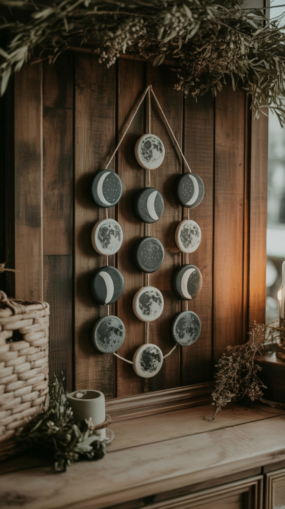 Moon phase wall hanging decor on wooden background with basket and plants. Cozy rustic interior design element.