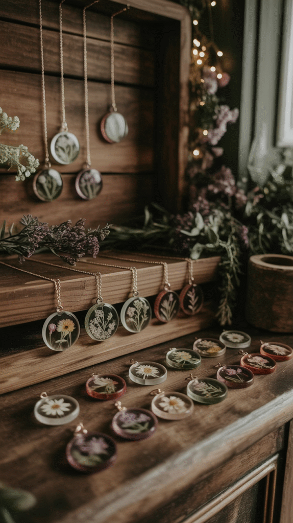 Handcrafted botanical resin jewelry displayed on wooden shelves, featuring pressed flowers in circular pendants.